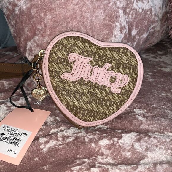 Juicy Couture Handbags - Juicy Couture Brown & Pink Heart Zip Up Pouch Wallet